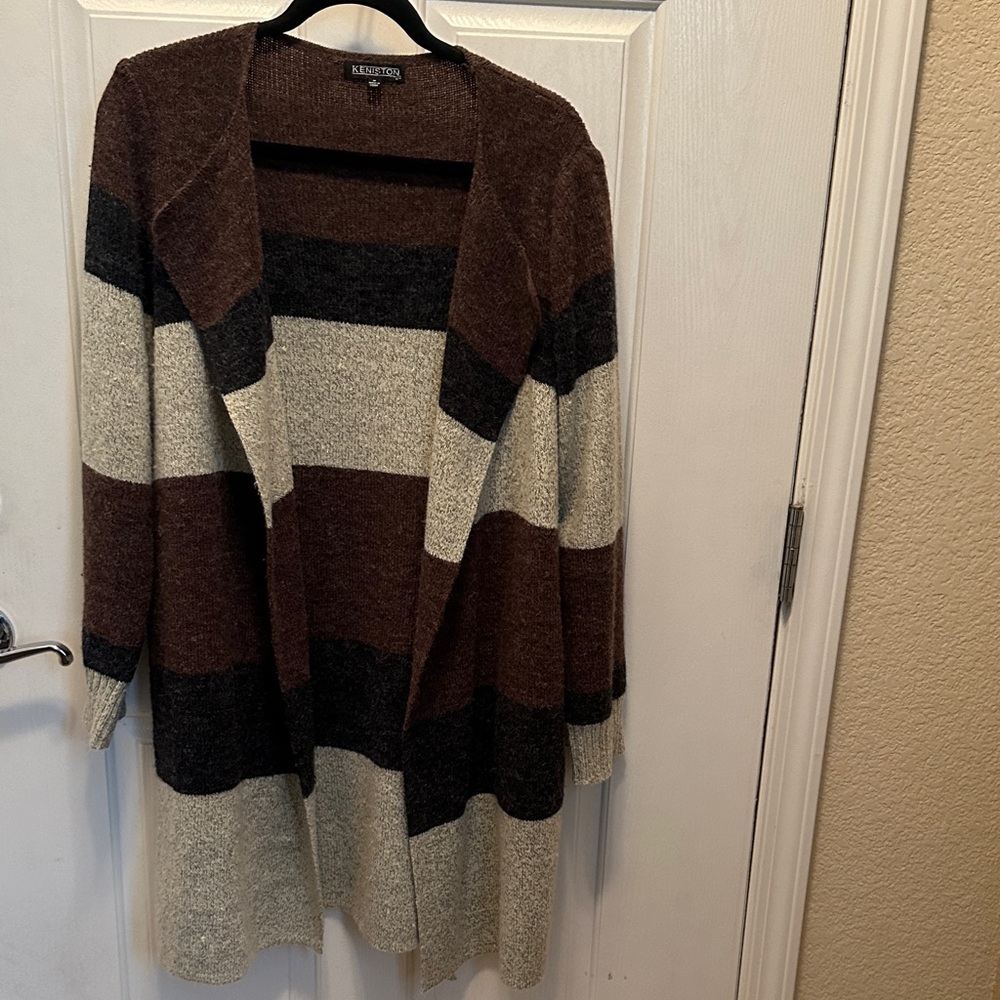 Keniston Striped Long Line Open-Front Cardigan - Brown Gray and Cream Size M